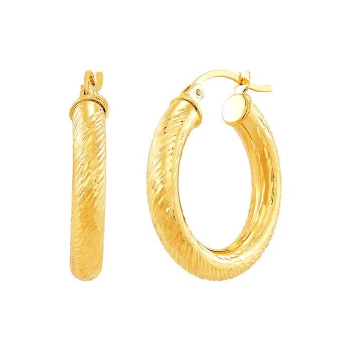 Hoop earrings with luxe velvet finishes for a rich and luxurious touch-Mountz Collection Diamond Cut 4mm x 25mm Round Tube Hoop Earrings in 14K Yellow Gold