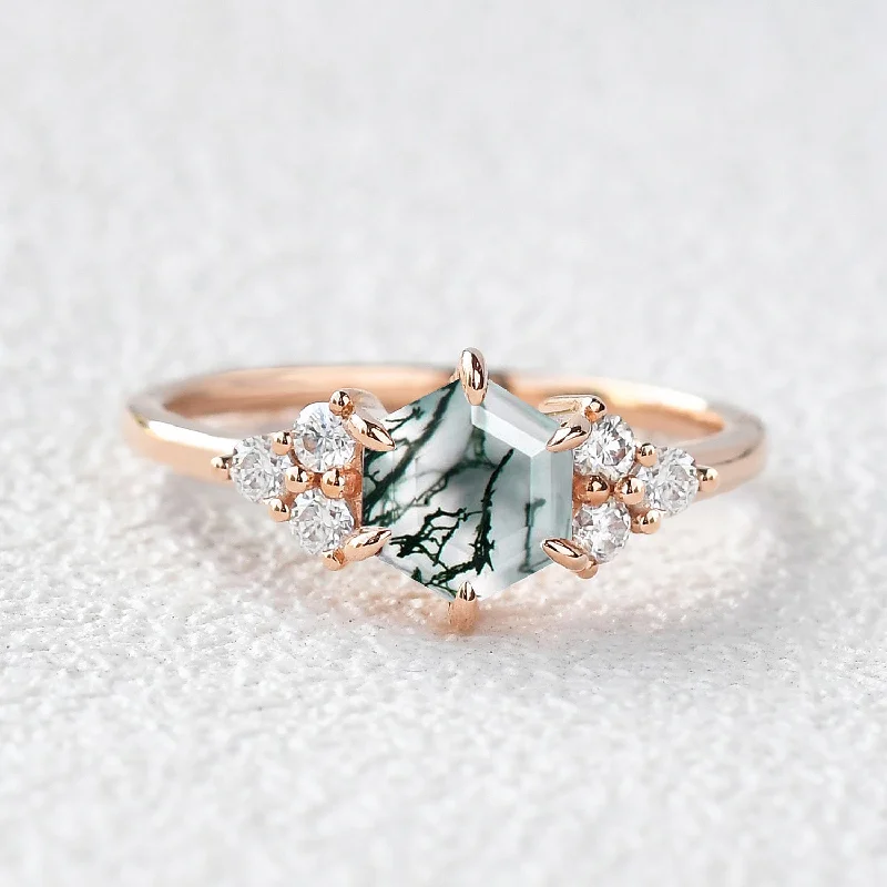 Custom engagement rings with engraved floral bands -1.0ct Perfect Hexagon Moss Agate Three Stone Cluster Engagement Ring