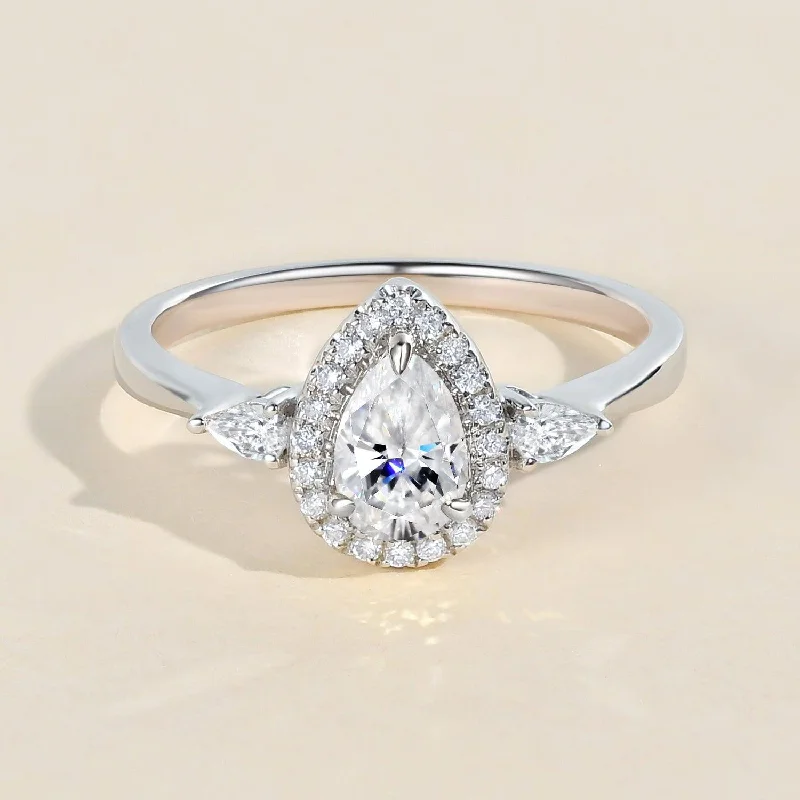 Engagement rings with yellow gold floral halos -1.0ct Pear Shaped Moissanite Three-Stone Halo Ring