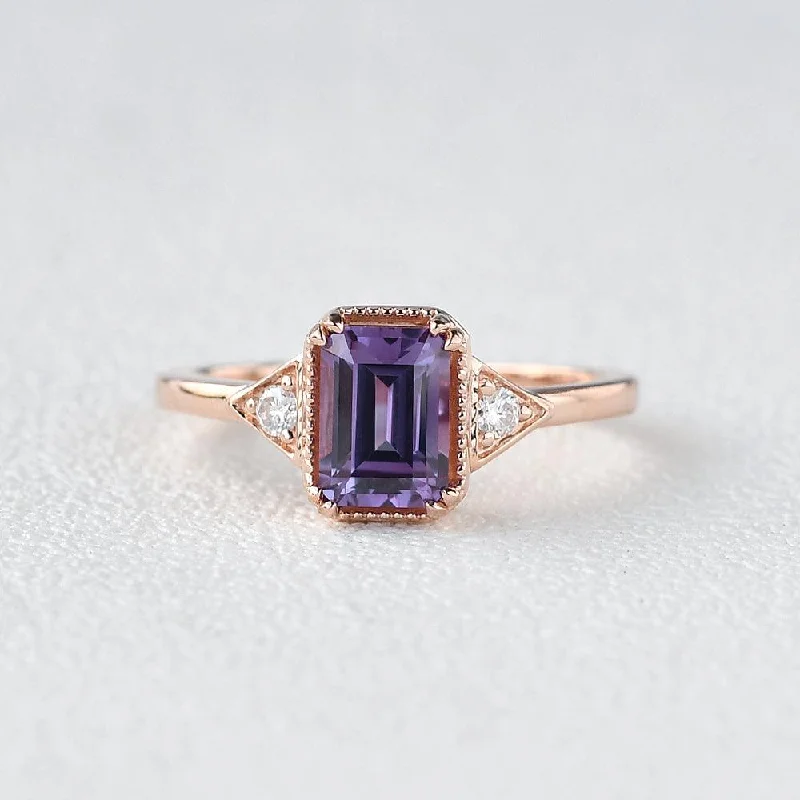 Engagement rings with vintage oxidized gold finish -1.5ct Emerald Cut Amethyst Geometric Ring