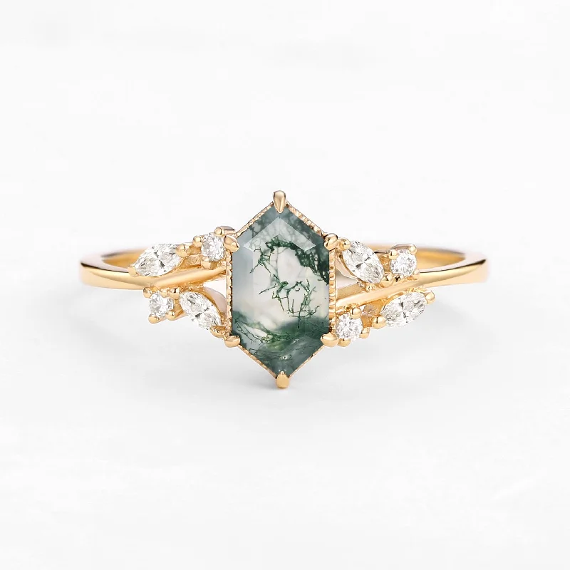 Engagement rings with gothic-inspired garnet details -1.5ct Hexagon Moss Agate Leafy Moissanite Vintage Engagement Ring