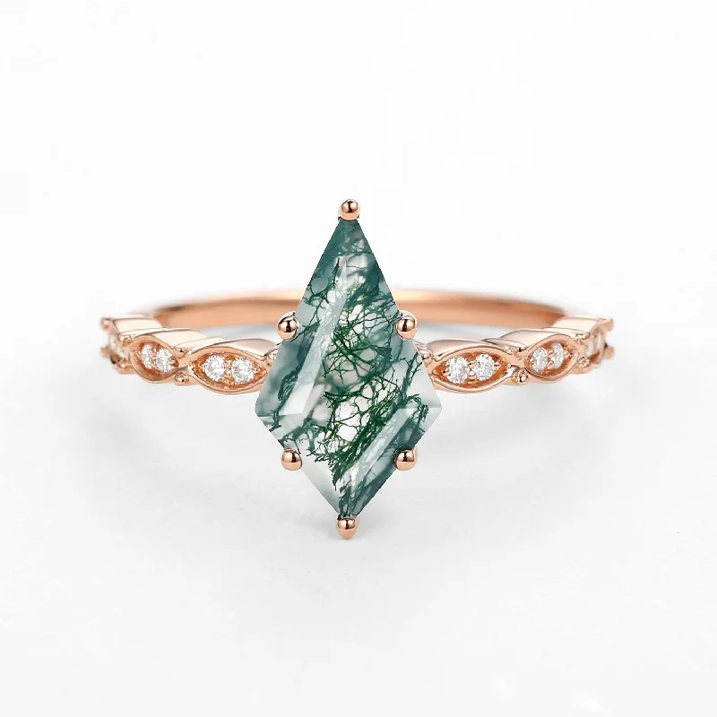 Engagement rings with cathedral-set ruby stones -Kite Cut Moss Agate Rose Gold Ring