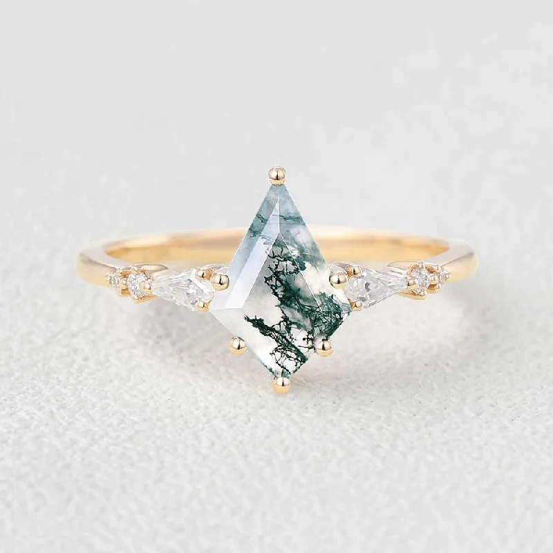 Engagement rings with yellow gold floral halos -1.5ct Kite Moss Agate Yellow Gold Engagement Ring