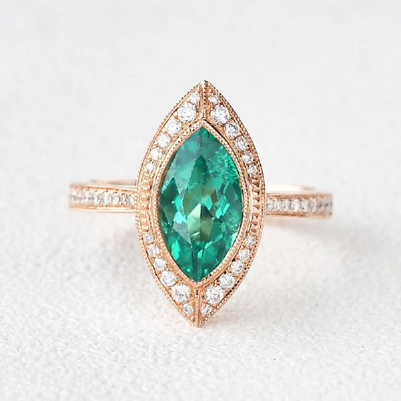 Engagement rings with marquise-cut topaz for shine -1.5ct Lab Emerald & Moissanite Art Deco Ring