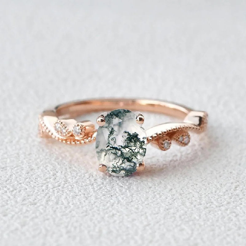 Engagement rings with double halo of opal -1.5ct Moss Agate Leafy Milgrain Vintage Solitaire Ring