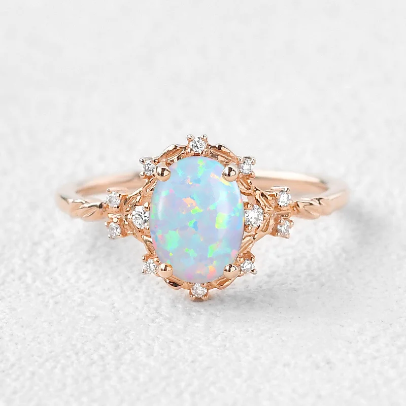 Engagement rings with classic pave garnet bands -1.5ct Oval Cut Opal Vintage Floral Ring