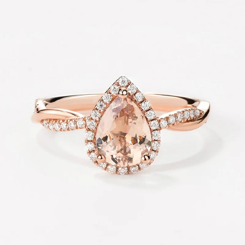 Engagement rings with infinity twist diamond bands -1.5ct Pear Cut Morganite Infinity Halo Engagement Ring