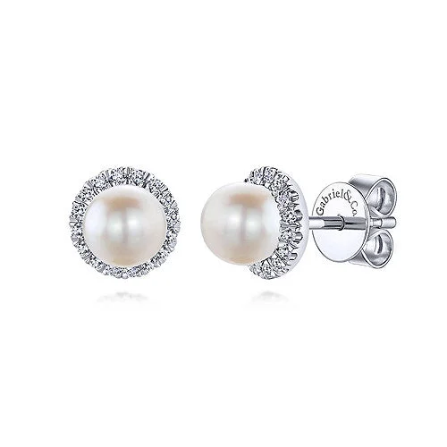 Classic hoop earrings with a thin profile for a sleek and subtle style-14K White Gold 0.25cttw H/I SI2 Diamond Halo Pearl Earrings