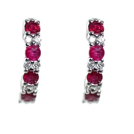 Hoop earrings with hearts for a sweet and romantic gesture-14K White Gold 0.41cttw Ruby & 0.08cttw Diamond Hinged Hoop Earrings