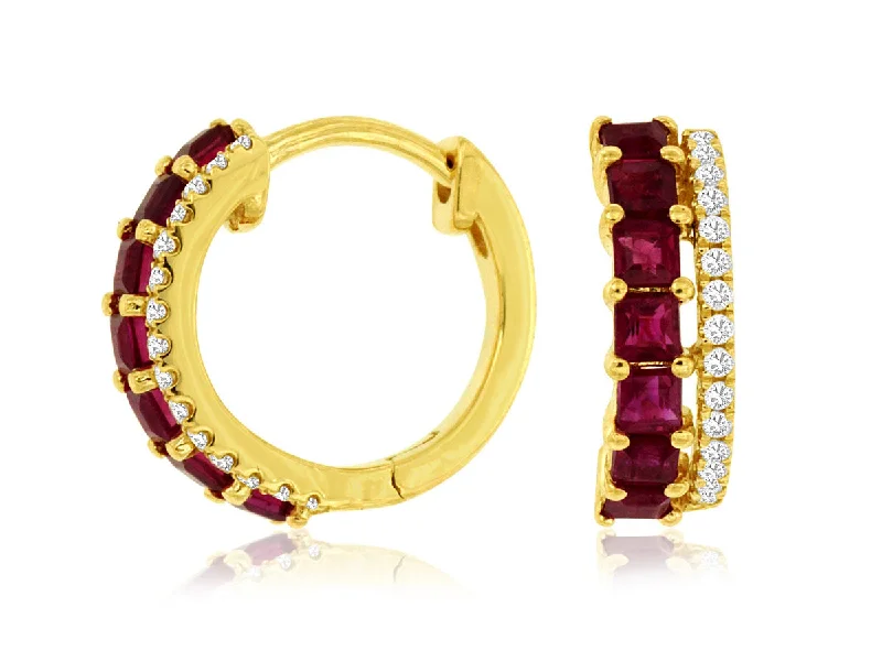 Hoop earrings with cut-out designs for a creative and lightweight effect-14K Yellow Gold Ruby & Diamond Huggie Earrings