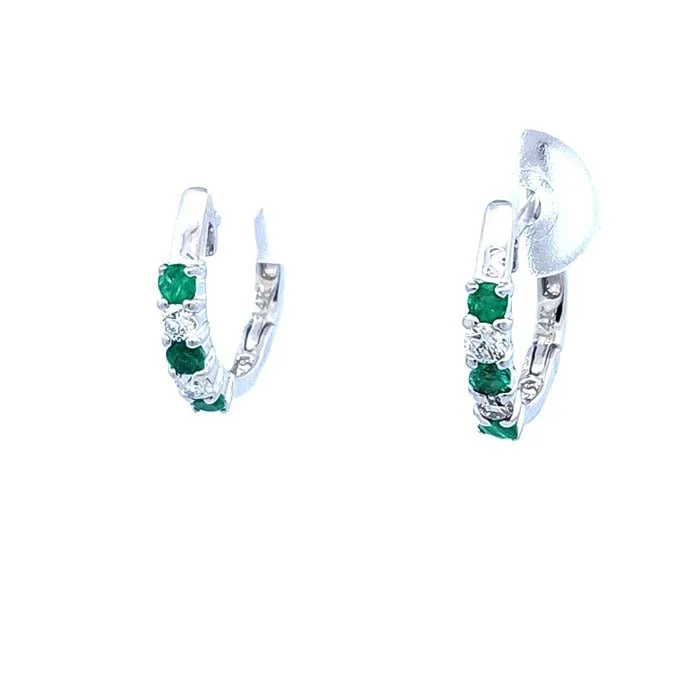 Hoop earrings with abstract wirework for an artistic, unique look-Mountz Collection Emerald and Diamond Huggie Earrings in 14K White Gold