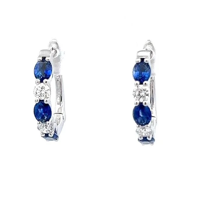 Hoop earrings with diamond-cut surfaces for added sparkle and shine-Mountz Collection Sapphire and Diamond Oval Hoop Earrings in 14K White Gold