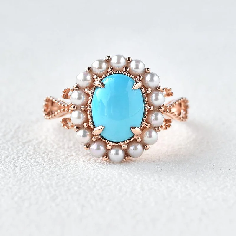 Engagement rings with sleek onyx for contrast -2.0ct Oval Turquoise Bohemian Vintage Halo Ring