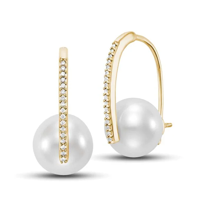 Best hoop earrings with stacked layers for a dimensional and bold look-Mastoloni 10.5-11.5 Freshwater Cultured Pearl Diamond Huggies in 14K Yellow Gold