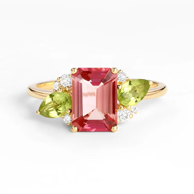 Engagement rings with bezel-set smoky quartz -3.0ct Emerald Cut Pink Tourmaline Floral Inspired Ring