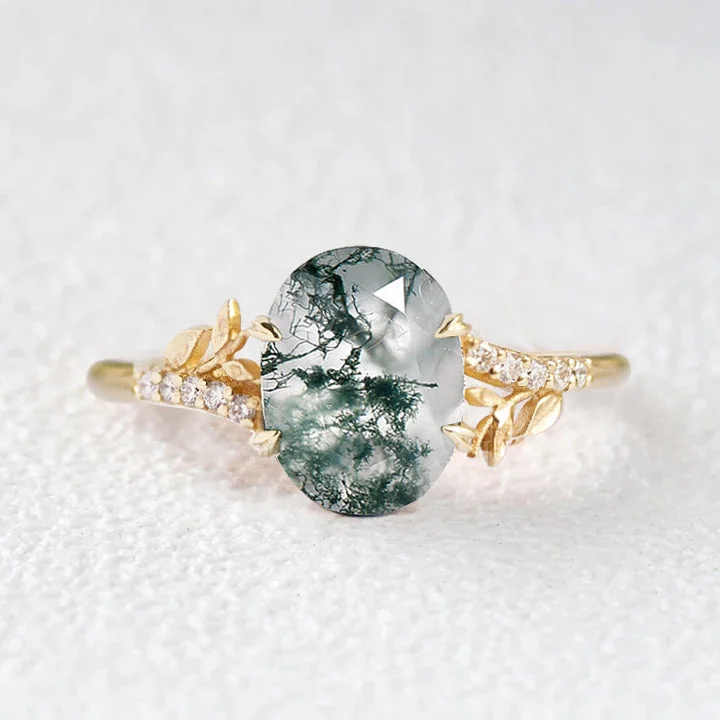 Engagement rings with unique claw-set peridot -3.5ct Moss Agate Oval Shaped Leafy Engagement Ring