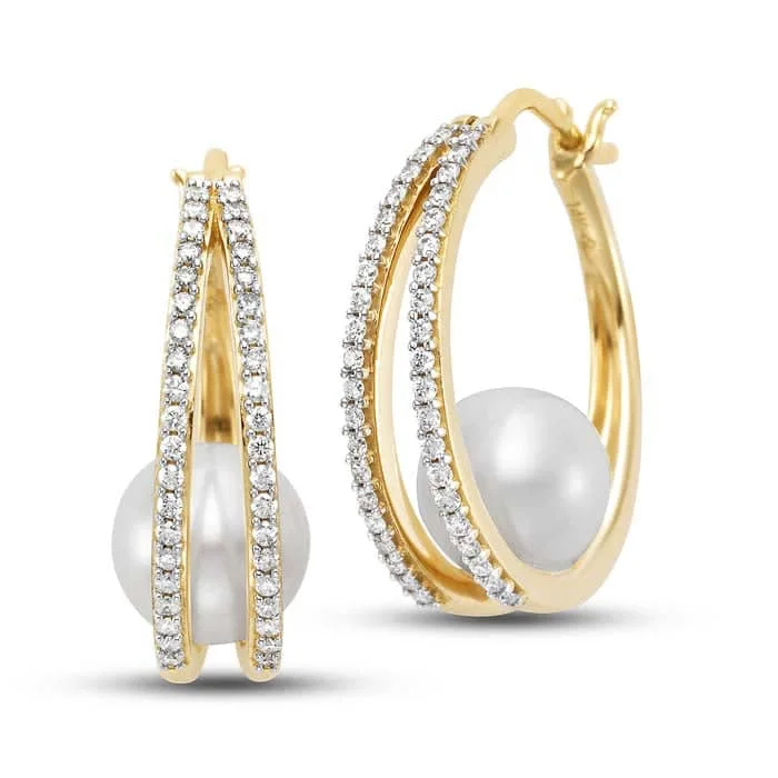 Hoop earrings with open designs for a modern, lighthearted vibe-Mastoloni 7.5-8mm Freshwater Cultured Pearl and Diamond Oval Double Hoop Earrings in 14K Yellow Gold