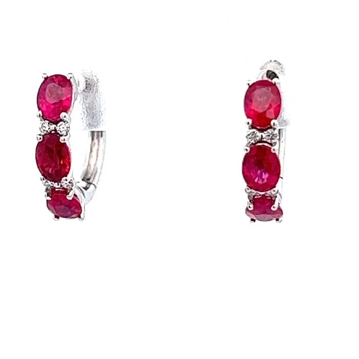 Best hoop earrings with tribal designs for a cultural and exotic aesthetic-Mountz Collection Oval Ruby and Round Diamond Huggie Earrings in 14K White Gold