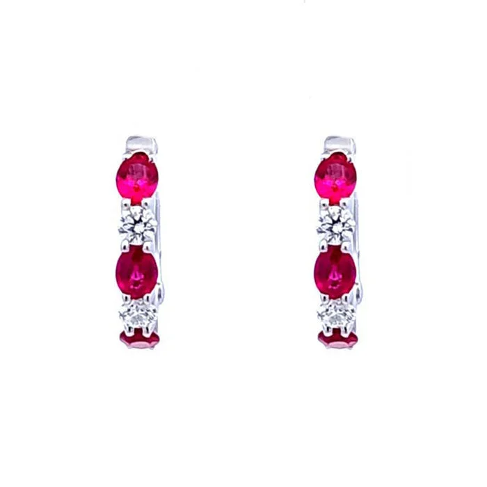 Hoop earrings with snake print designs for an edgy, wild appearance-Mountz Collection Ruby and Diamond Oval Hoop Earrings in 14K White Gold