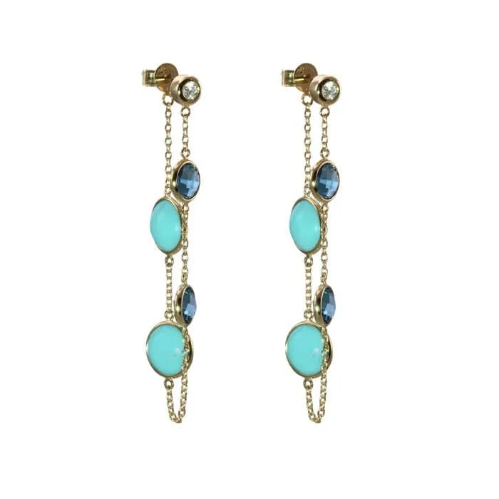 Best hoop earrings with sterling silver for an affordable and chic design-Mountz Collection Turqoise and London Blue Topaz Front/Back Earrings with Diamond Top in 14K Yellow Gold