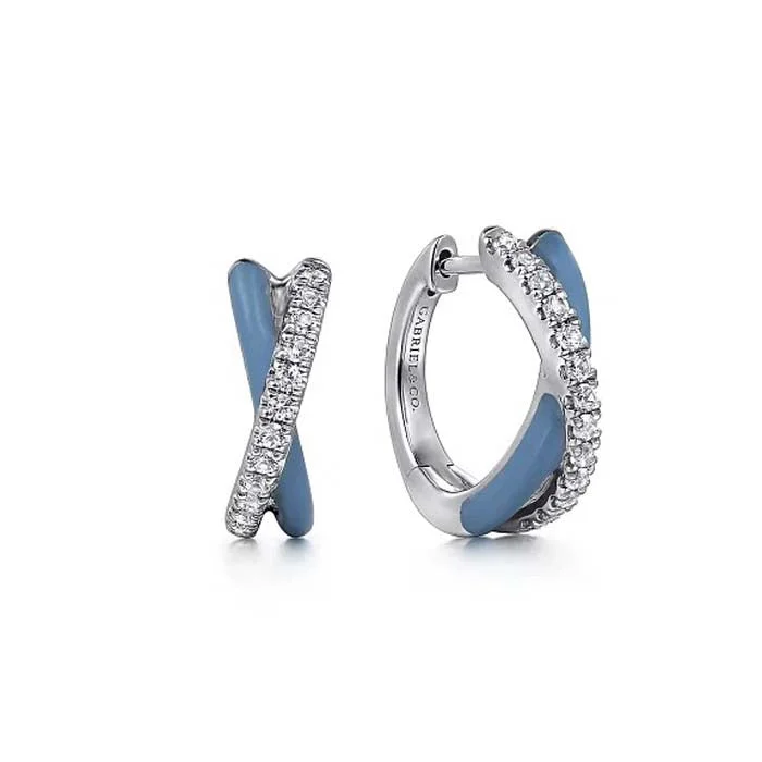 Best hoop earrings with twisted rope designs for a nautical-inspired style-Gabriel White Sapphire and Baby Blue Enamel Crossover Hoop Earrings in Sterling Silver