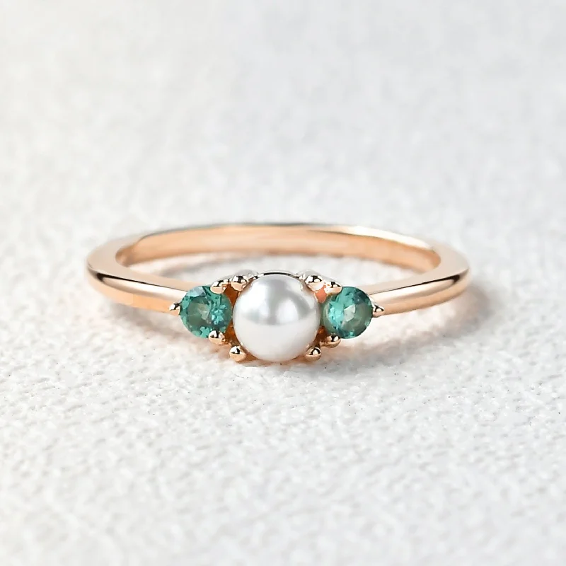 Engagement rings with cluster topaz for dazzle -Akoya Pearl & Emerald Rose Gold Ring