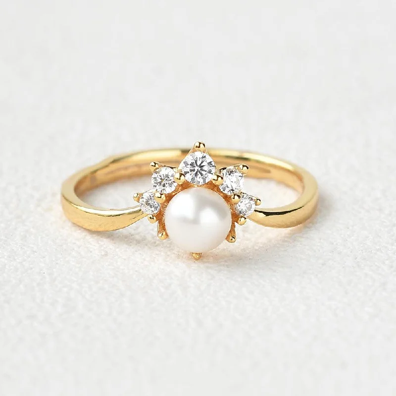 Engagement rings with sunburst aquamarine arrangements -Akoya Pearl & Round Cut Moissanite Yellow Gold Ring