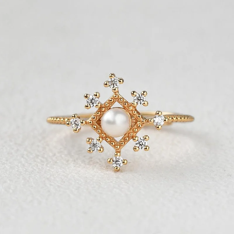 Engagement rings with cluster topaz for dazzle -Akoya Pearl Vintage Inspired Yellow Gold Ring