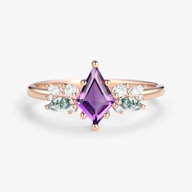 Engagement rings with faceted citrine for shine -Amethyst & Moss Agate Rose Gold Engagement Ring