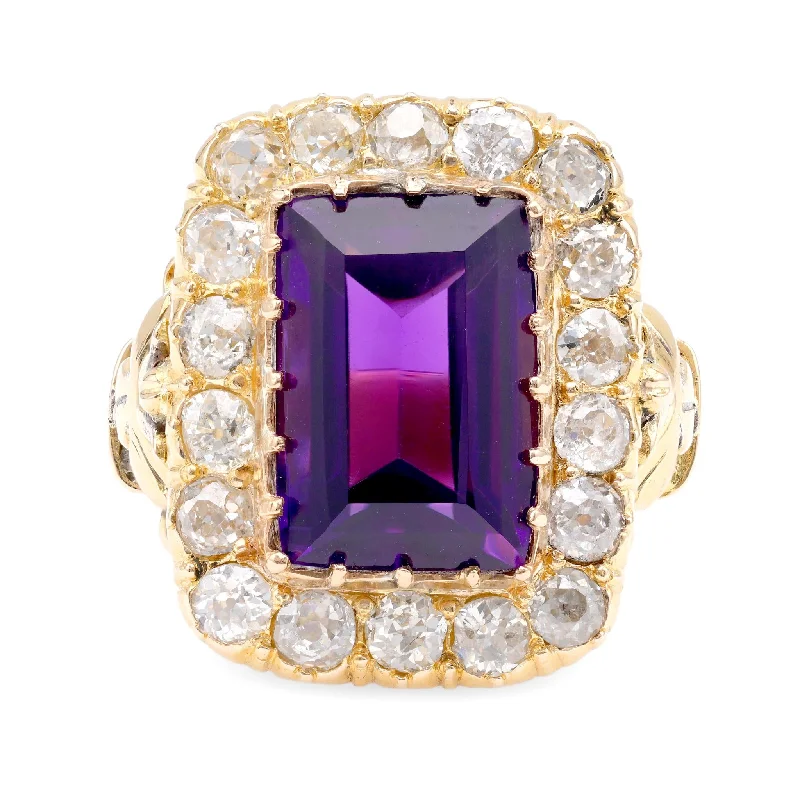 Engagement rings with sleek emerald-cut jade stones -Antique 7.5 Carat Emerald Cut Amethyst Diamond 18K Yellow Gold Cocktail Ring