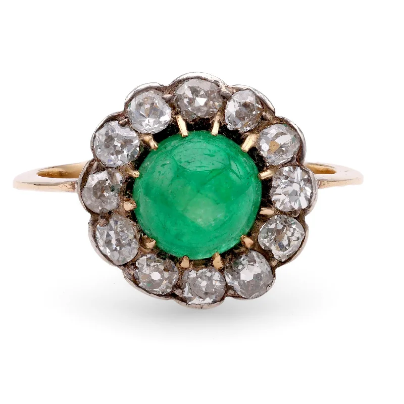 Engagement rings with asscher-cut jade for class -Antique Emerald Diamond 18K Yellow Gold Silver Cluster Ring