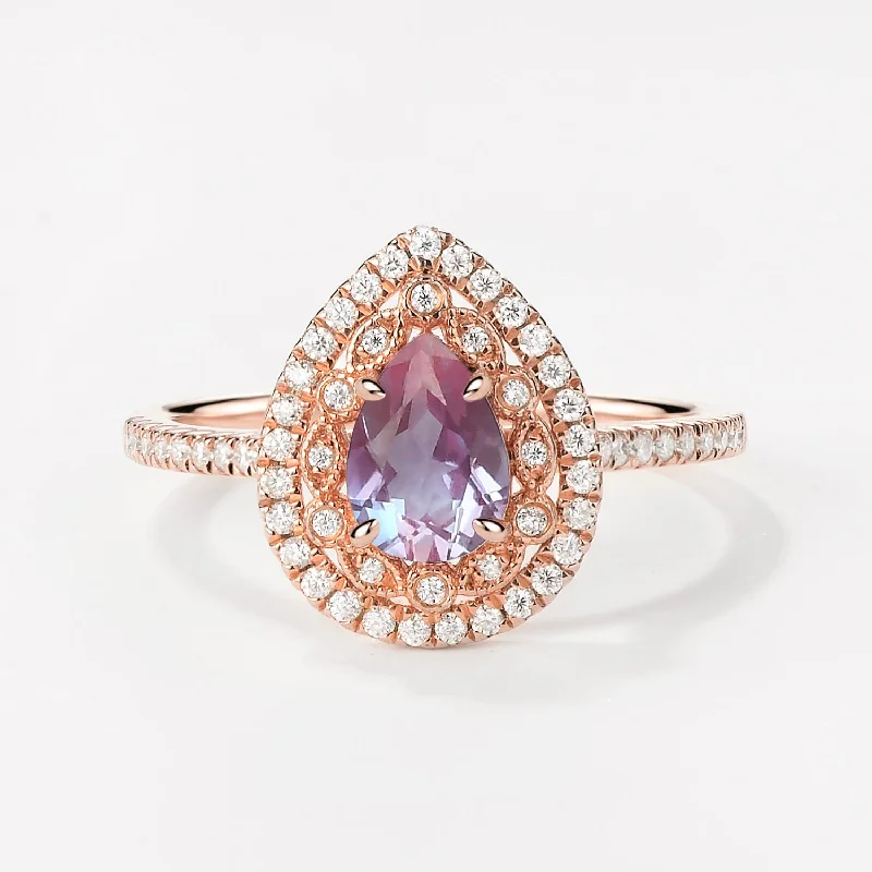 Engagement rings with bold rose-cut garnet stones -Antique Pear Lab Alexandrite Rose Gold Halo Ring