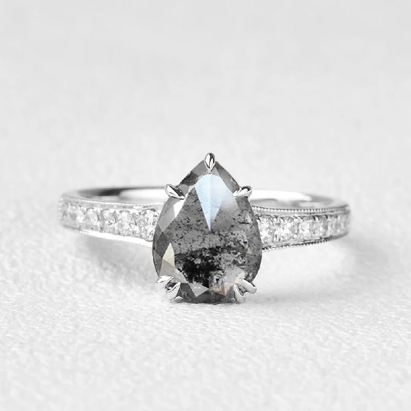 Engagement rings with minimalist moonstone center gems -Antique Salt and Pepper Diamonds Pear Cut Engagement Ring