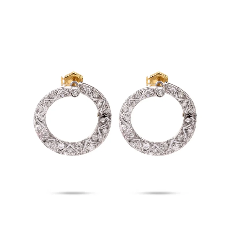 Hoop earrings with twisted leather for a chic and modern boho look-Art Deco Diamond Platinum and 18K Yellow Gold Hoop Earrings