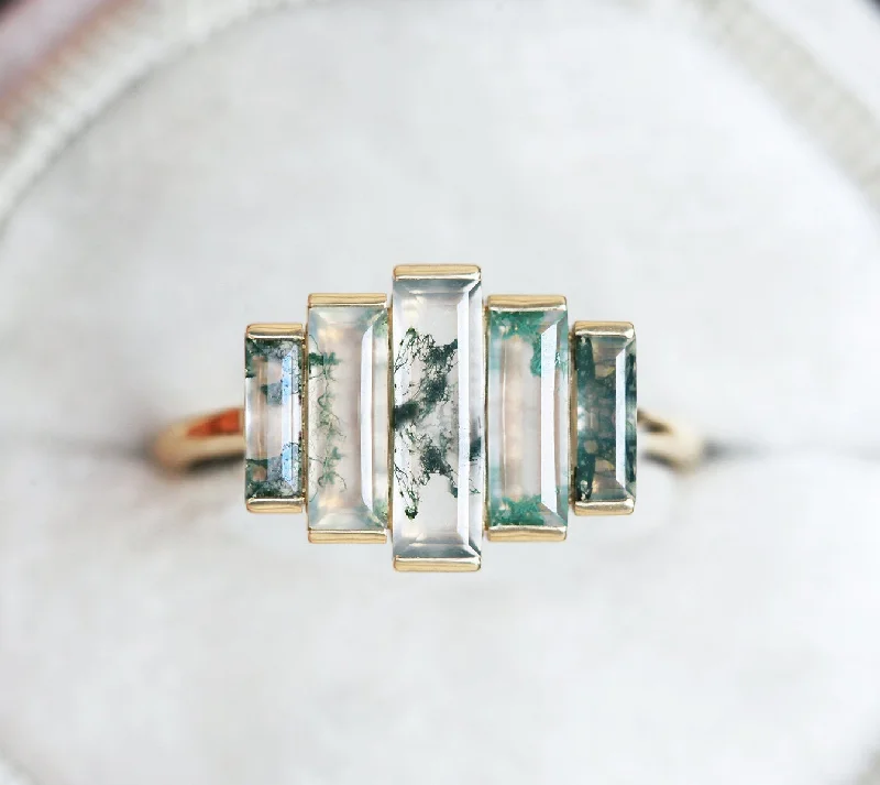 Engagement rings with channel-set malachite bands -Daphne Moss Agate Baguette Ring