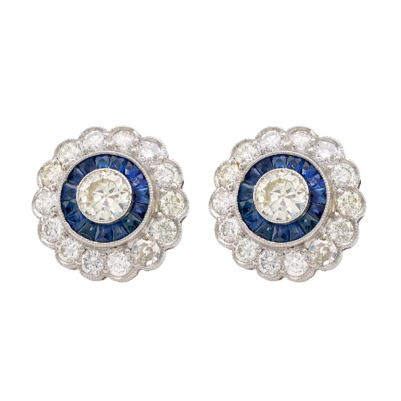 Hoop earrings with tortoiseshell designs for a chic and classic style-Art Deco Inspired Diamond Sapphire Platinum Halo Studs