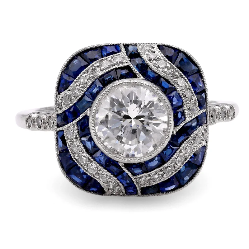 Engagement rings with hexagonal-cut sapphire gems -Art Deco Inspired Diamond Sapphire Platinum Ring