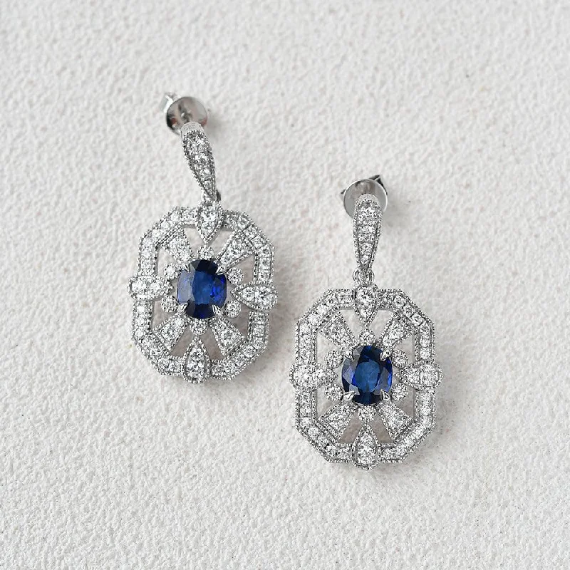 Hoop earrings with dangling charms for a playful and fun look-Art-Deco Oval Sapphire White Gold Earrings