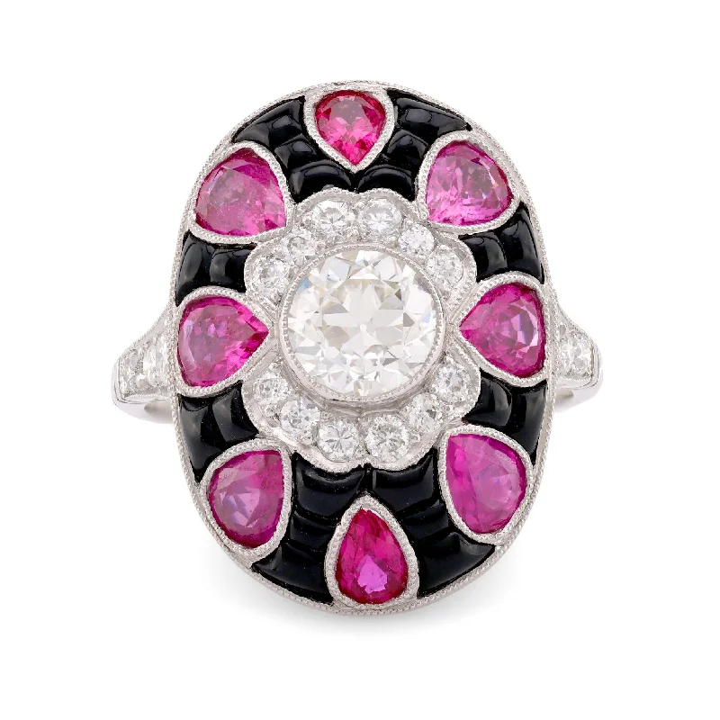 Engagement rings with sleek onyx for contrast -Art Deco Style Diamond Ruby Onyx Platinum Ring