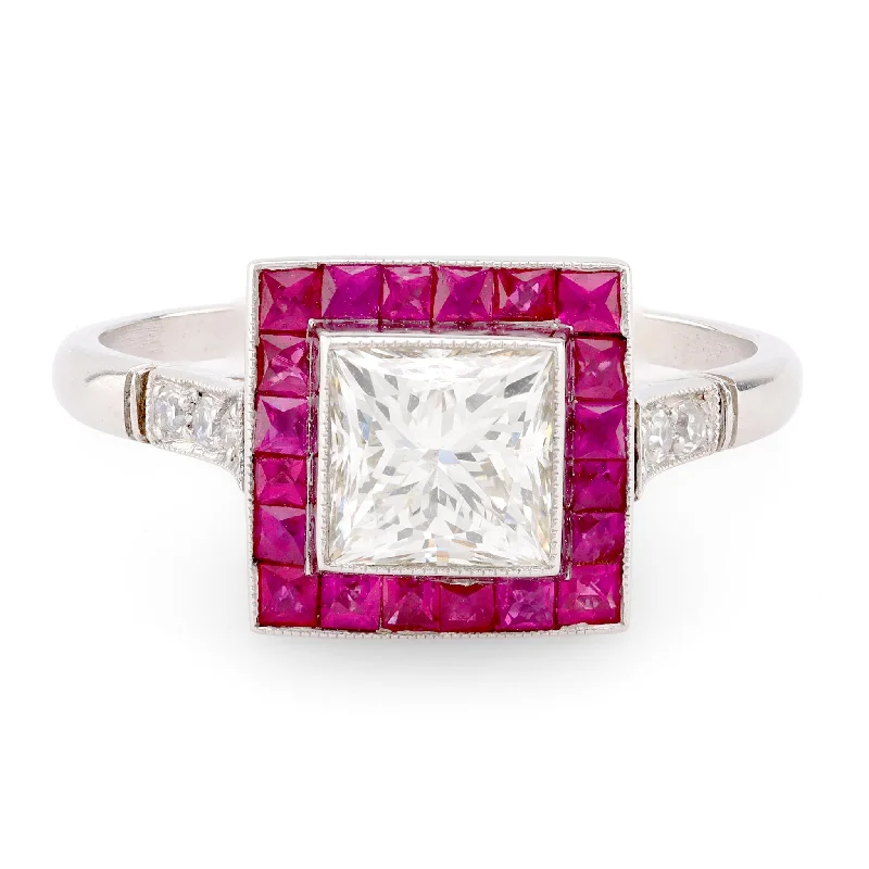 Engagement rings with modern open-band opal -Art Deco Style Diamond Ruby Platinum Square Halo Ring