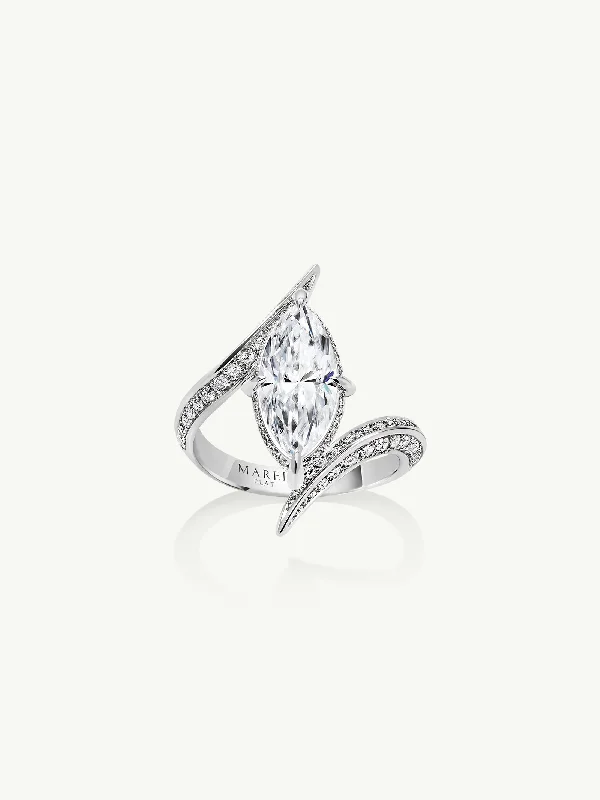 Engagement rings with floral-inspired sapphire bands -Ayla Arabesque Engagement Ring With Marquise-Cut White Diamond & Pavé-Set Brilliant White Diamonds In Platinum