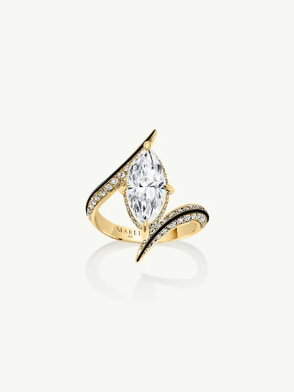 Engagement rings with cluster topaz for dazzle -Ayla Arabesque Engagement Ring With Marquise-Cut White Diamond, Pavé-Set Brilliant White Diamonds & Enamel In 18K Yellow Gold