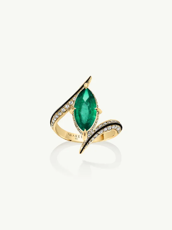 Engagement rings with crisscross onyx band designs -Ayla Arabesque Brilliant Marquise-Cut Emerald Ring With Pavé White Diamonds & Enamel In 18K Yellow Gold