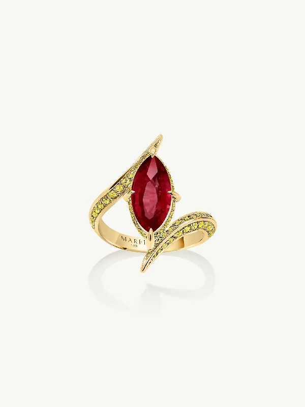 Engagement rings with marquise-cut topaz for shine -Ayla Arabesque Engagement Ring With Marquise-Cut Ruby With Pavé-Set Brilliant Vivid Yellow Diamonds In 18K Yellow Gold