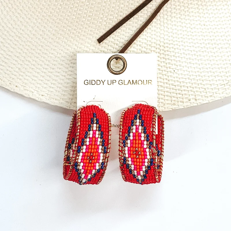 Hoop earrings with twisted metal designs for a dynamic and modern style-Aztec Pattern Beaded Hoop Earrings in Red