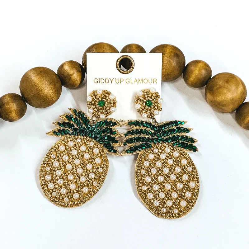 Hoop earrings with braided patterns for a detailed and textured finish-Beaded Pineapple Earrings with Pearls in Gold and Green