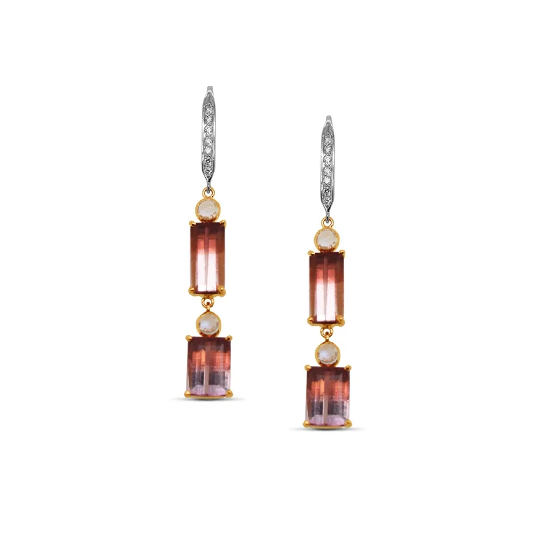 Hoop earrings with twisted metal designs for a dynamic and modern style-Bi-Color Tourmaline Dangle Earrings With Diamond Pave In 18K Yellow Gold