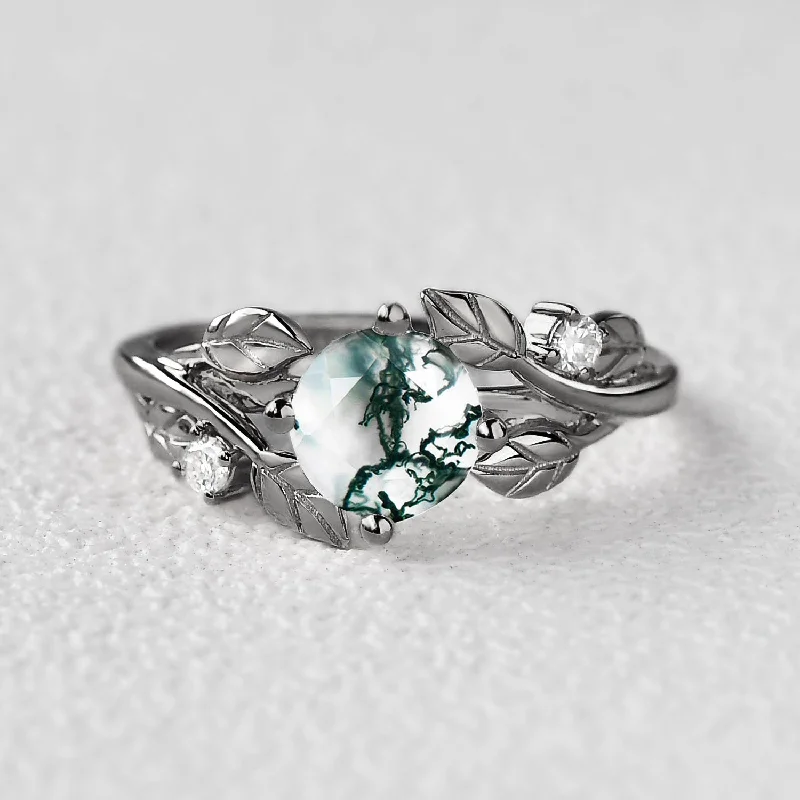 Engagement rings with subtle engraved turquoise bands -Black Gold Round Shaped Leaf Moss Agate Engagement Ring - Gardenia