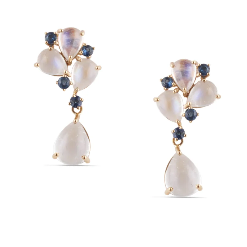 Hoop earrings with enamel stripes for a colorful and eye-catching design-Blue Sapphire Round & Rainbow Moonstone Pear Shape Earring In 18 Kt Yellow Gold