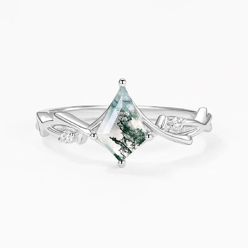 Engagement rings with twisted bands and diamonds -Branch Moss Agate Kite Cut Engagement Ring